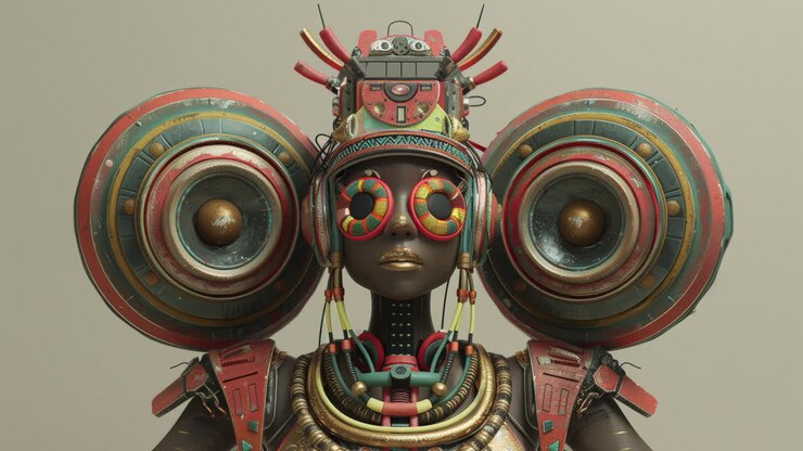 Statue femminili in metallo con altoparlanti audio e cuffie, realizzate con AI