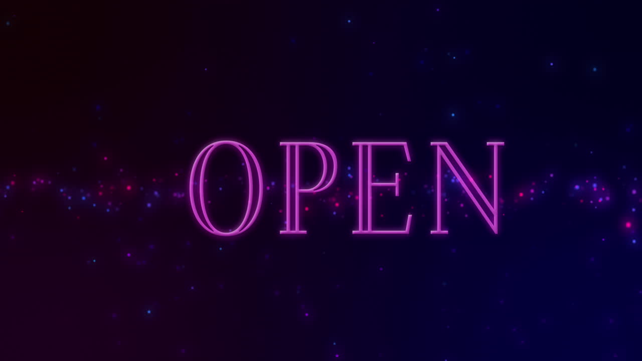 검은 바탕에 빨간색과 파란색 빛을 움직이는 분홍색 네온 문자로 열린 단어의 애니메이션