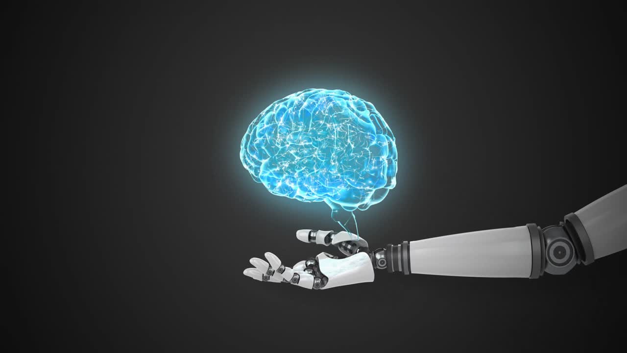 Robotic hand presenting digital human brain