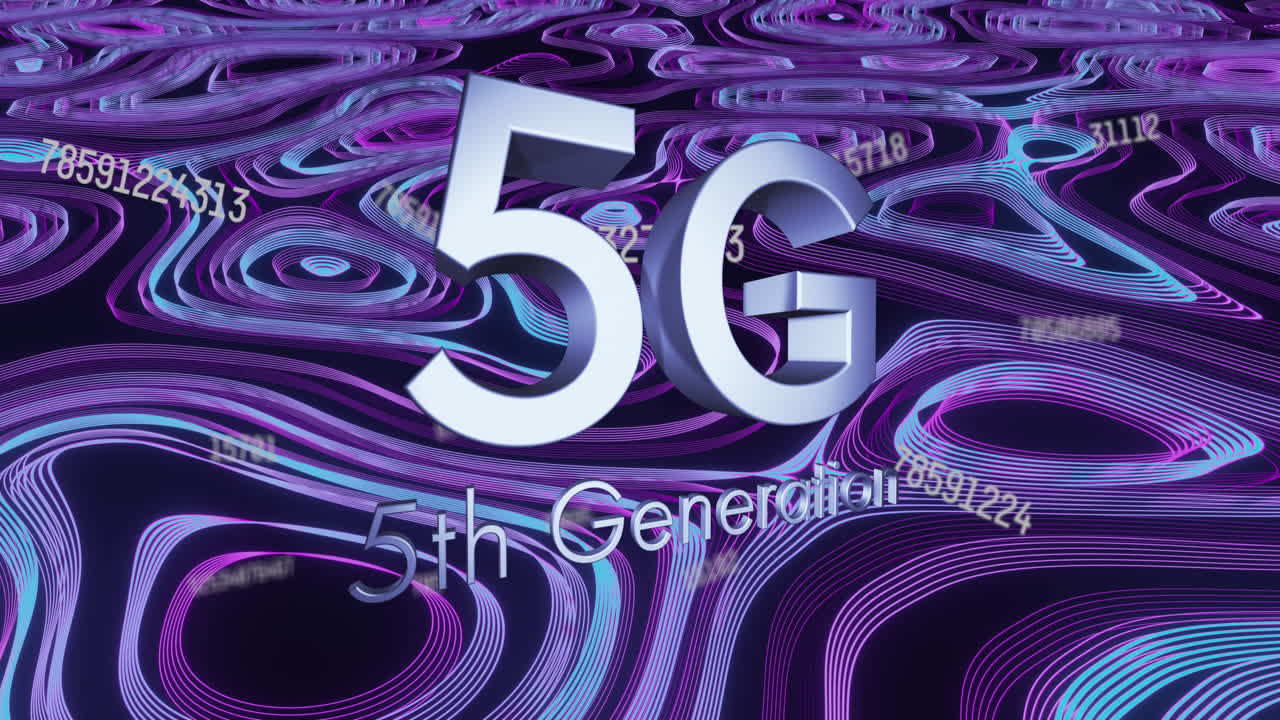 빛나는 파란색과 보라색 선 위에 5g 5세대 텍스트의 애니메이션