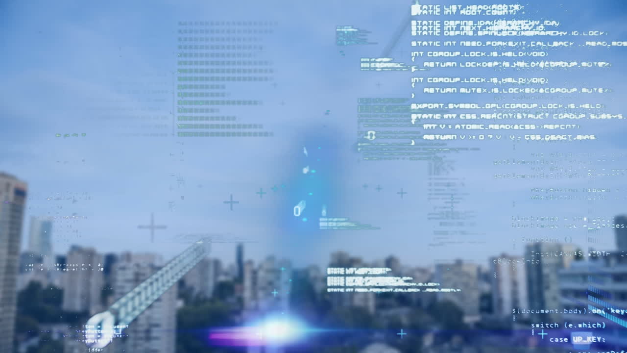 도시 풍경 위의 데이터 처리 애니메이션