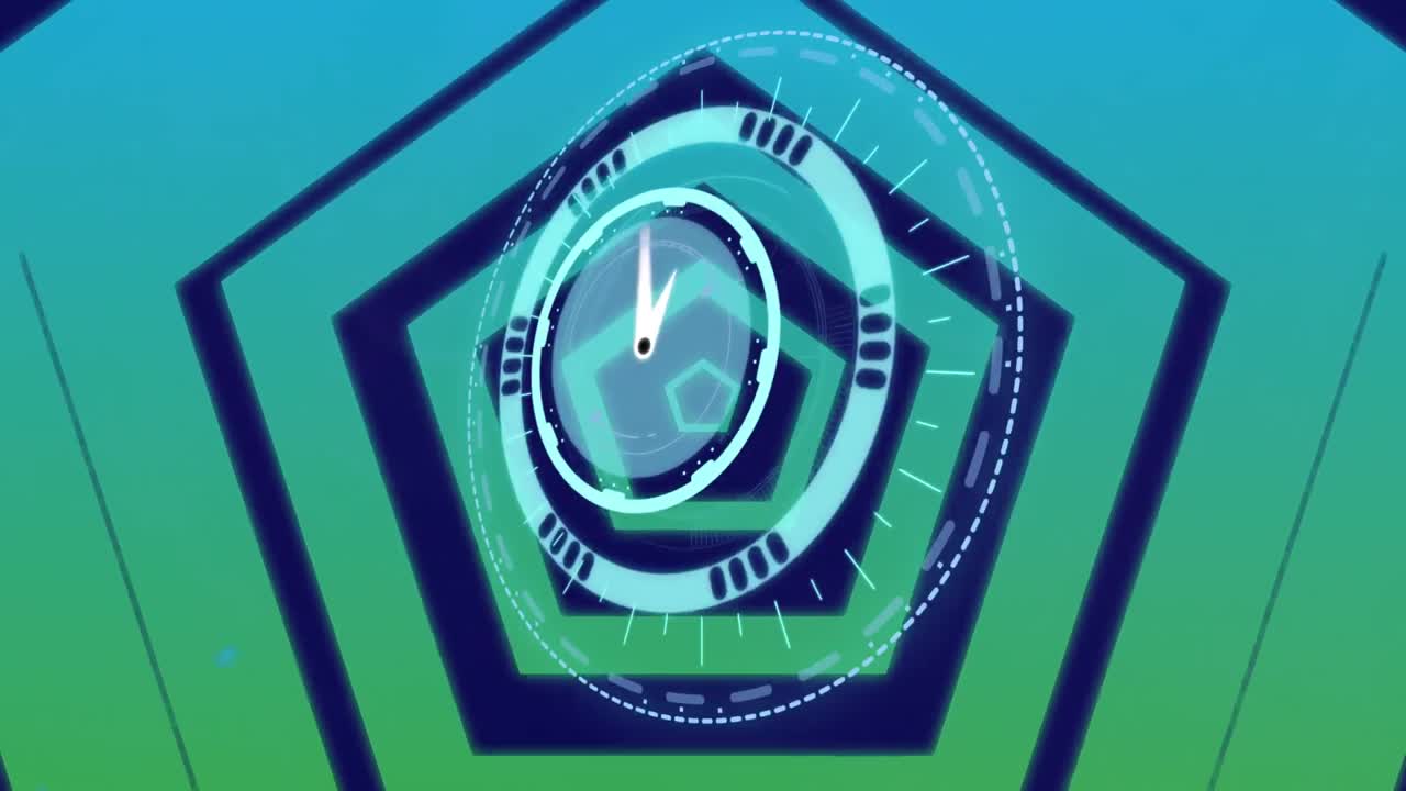 animación del reloj sobre formas geométricas sobre fondo azul oscuro
