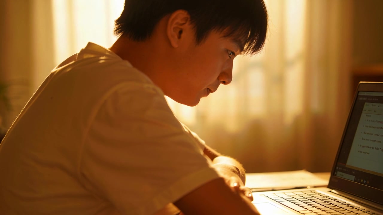 어려운 노트북 텍스트를 읽으며 이마를 문지르고 눈을 감은 채 책상에 몸을 앞으로 숙이는 아시아 십대.