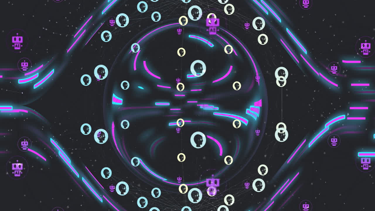 데이터 처리, 채팅 아이콘 및 라이트 트레일의 연결 네트워크의 애니메이션