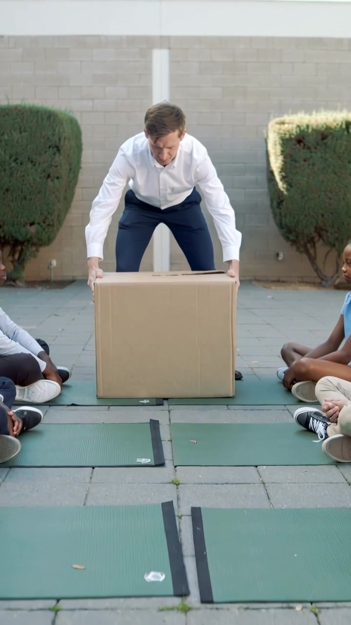 Vertical video: Entering leader in white shirt lifting box onto mats, demonstrating exercise setup