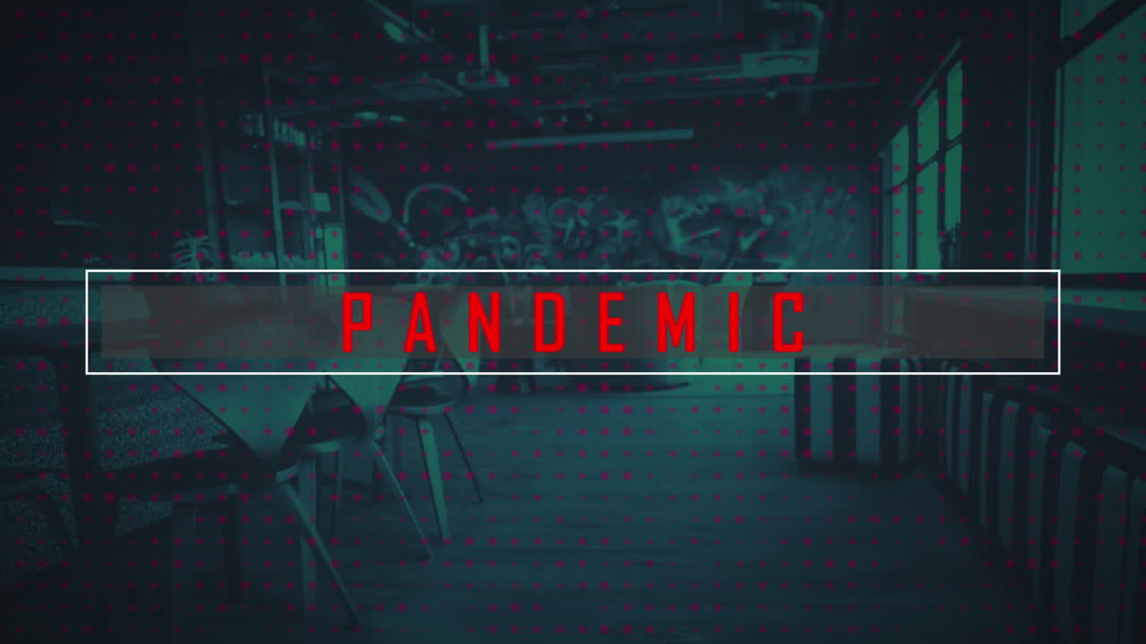 pancarta de texto de pandemia contra filas de puntos múltiples contra un restaurante vacío