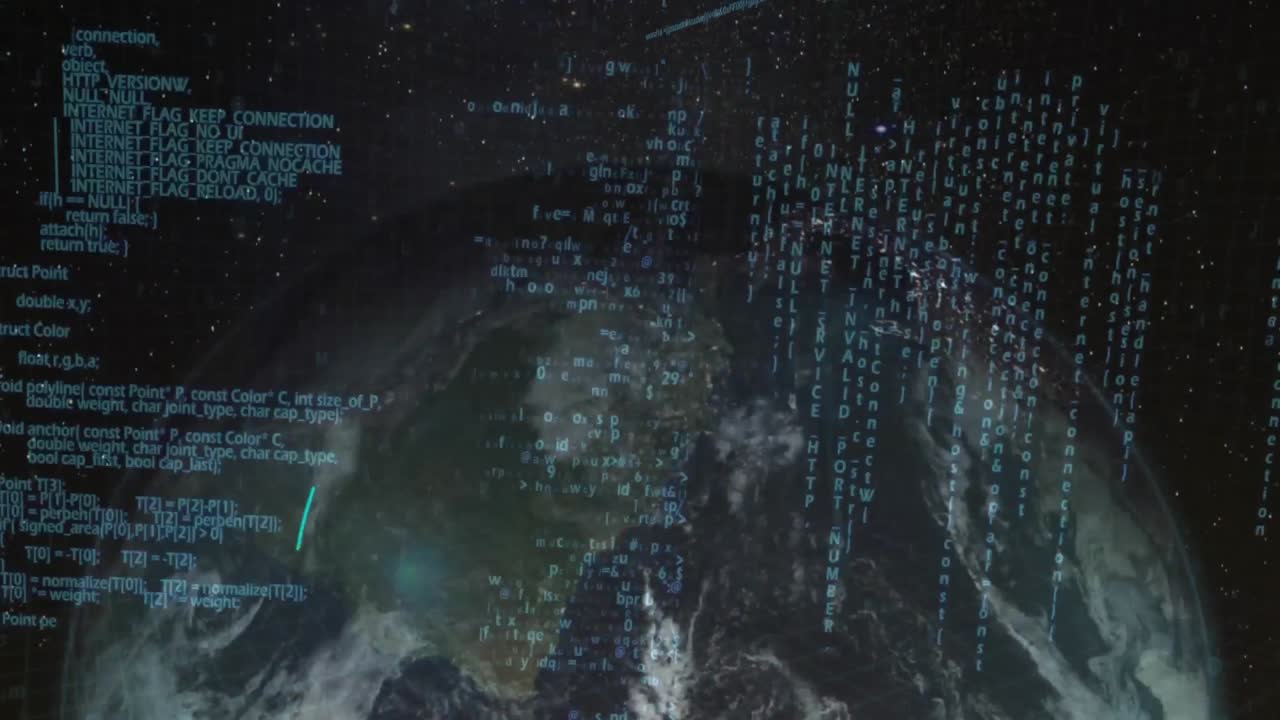 Animation of data processing over globe spinning and space