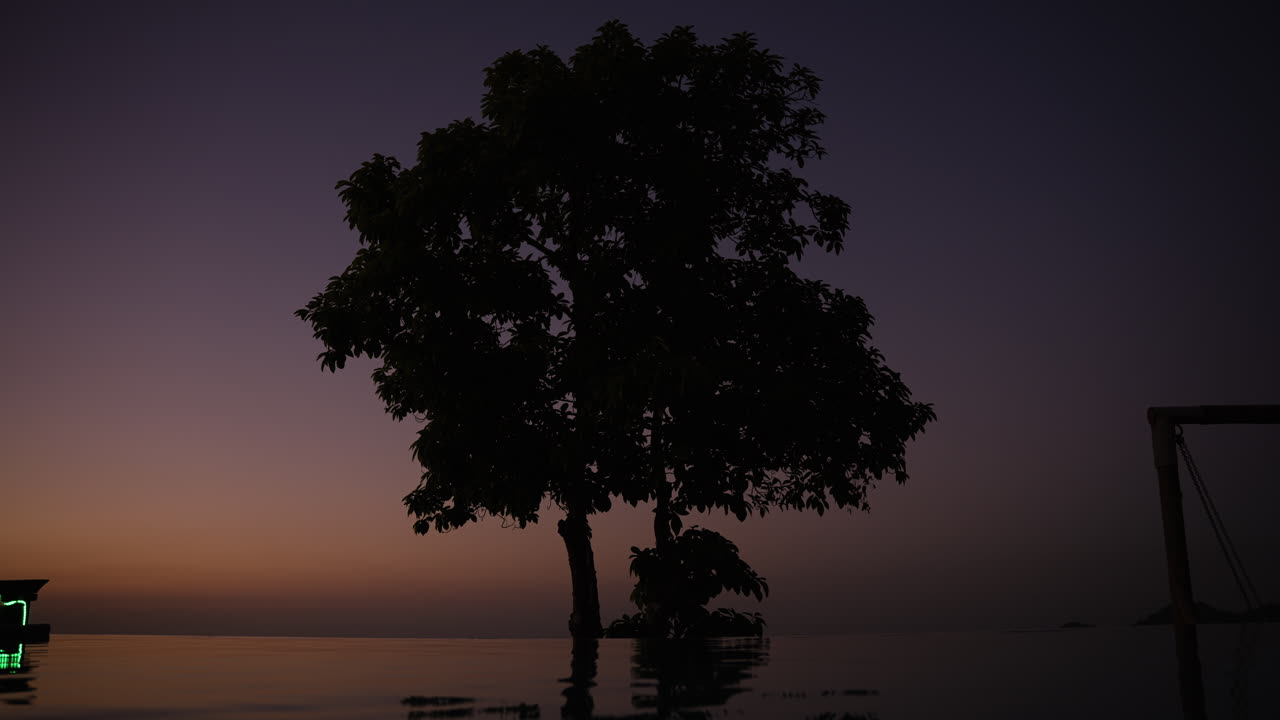 A tree reflects in pool water as the sun sets, creating a tranquil island scene