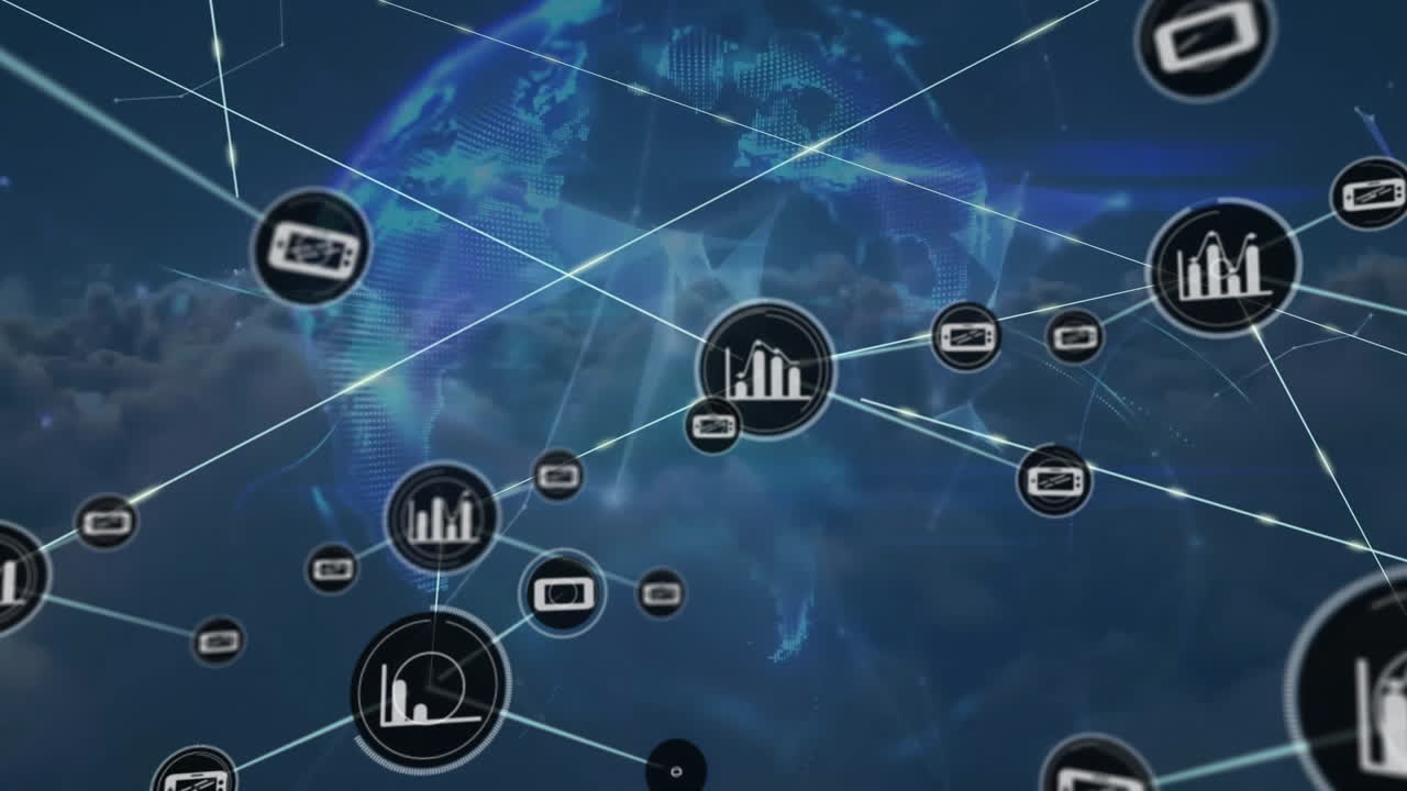 animación de la red de conexiones con iconos sobre formas y nubes