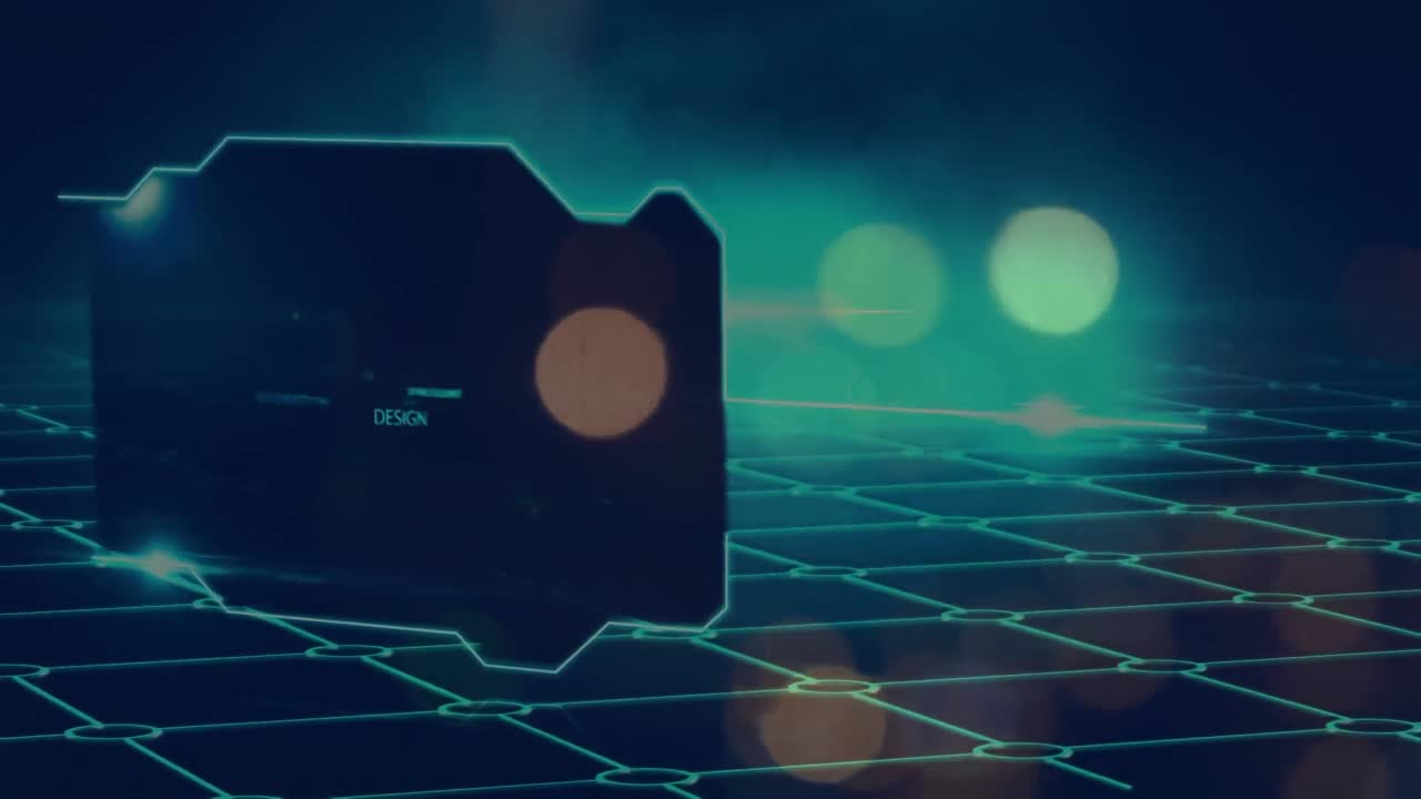 Animation of technology text in abstract pattern with glowing circles over grid pattern