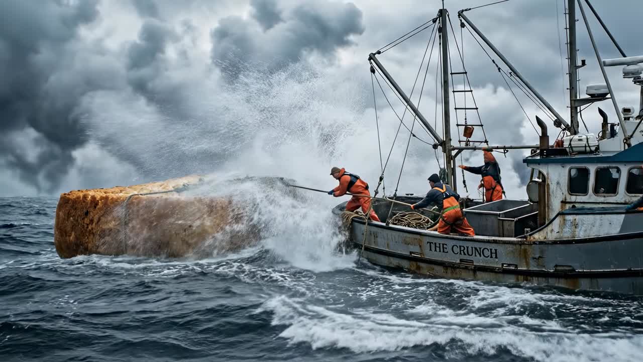 Fiskere i en båt som trekker opp en gigantisk brødleiv fra havet