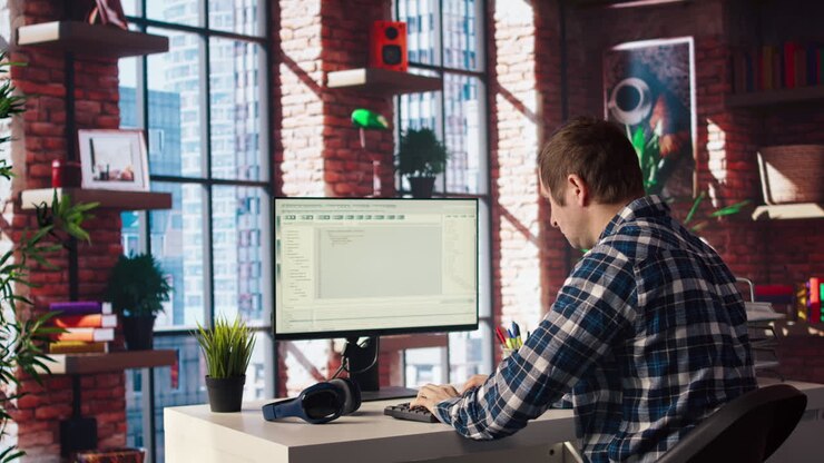 Softwareudvikler koder ved computeren, udvikler software