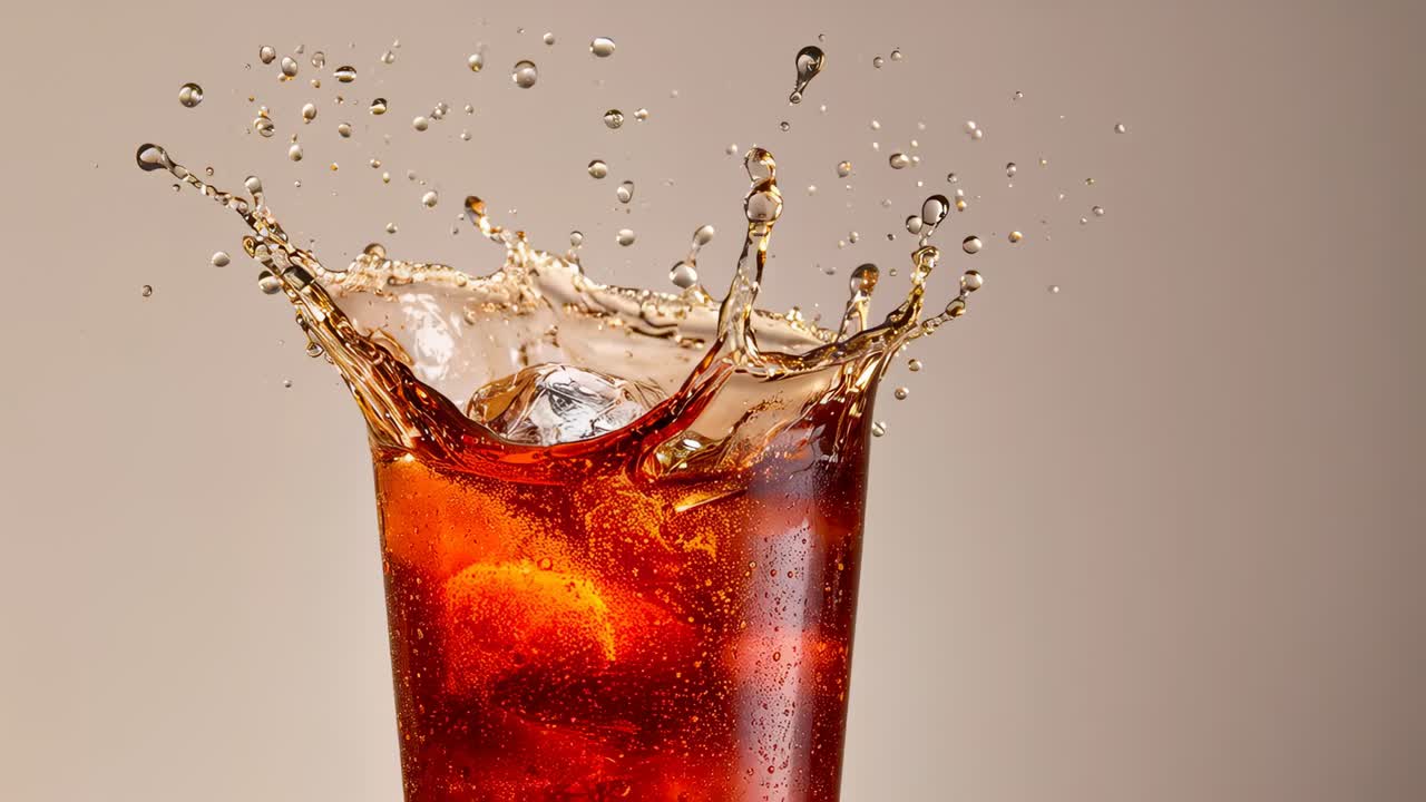 Ice cube hitting tall clear glass with dark drink sending crown in studio with droplets, bubbles