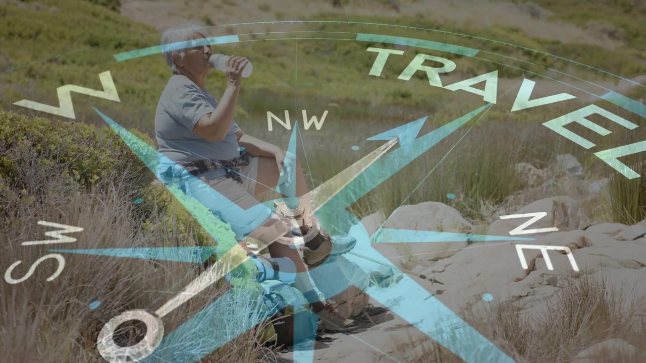 Senior woman resting with bottle handling camera, scanning horizon, causing travel compass overlay