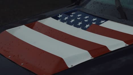 american flag decal on hood of drift car, close up circle shot