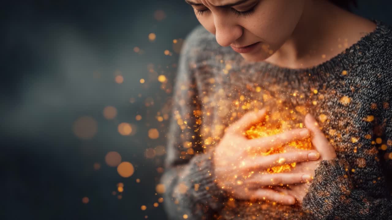 胸に輝く温かさを抱く女性。煌めく粒子のオーラに包まれ、感情の激しさと内なる葛藤の瞬間を映し出す