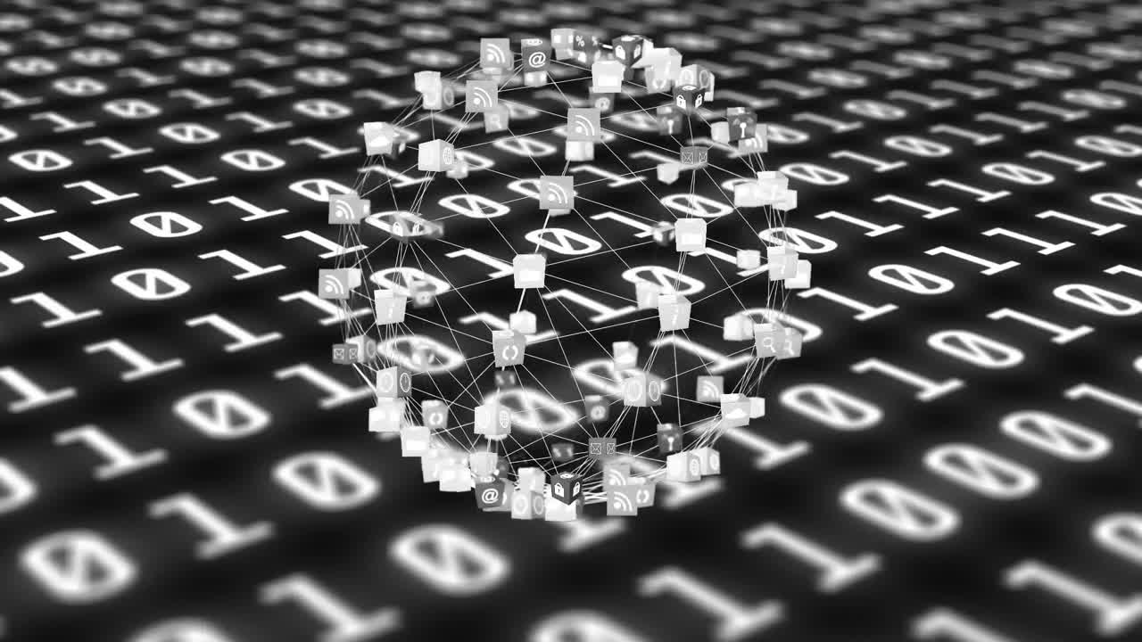Animation of network of connections over binary code on black background