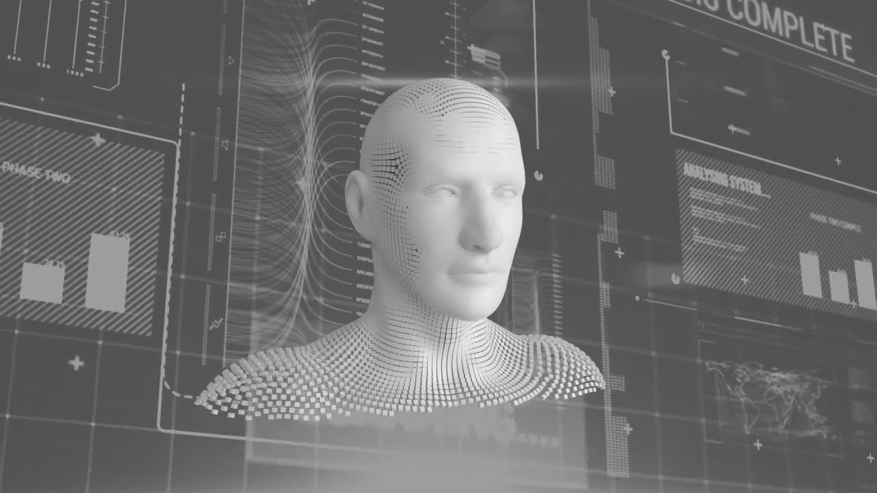 Animation of grey human bust forming from grey particles