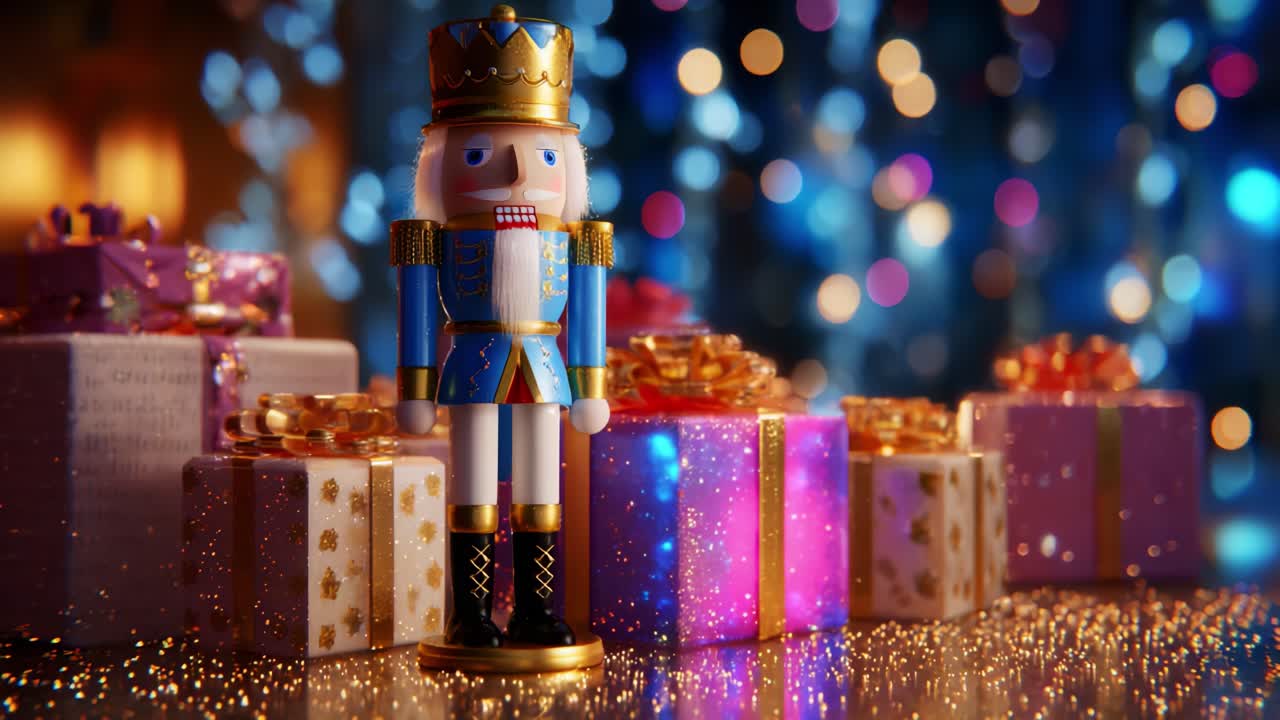 A Colorful Nutcracker Stands Among Festive Presents, Sparkling Lights, and Glittering Decorations, Evoking a Joyful Holiday Spirit in This Enchanting Scene Full of Cheer and Celebration
