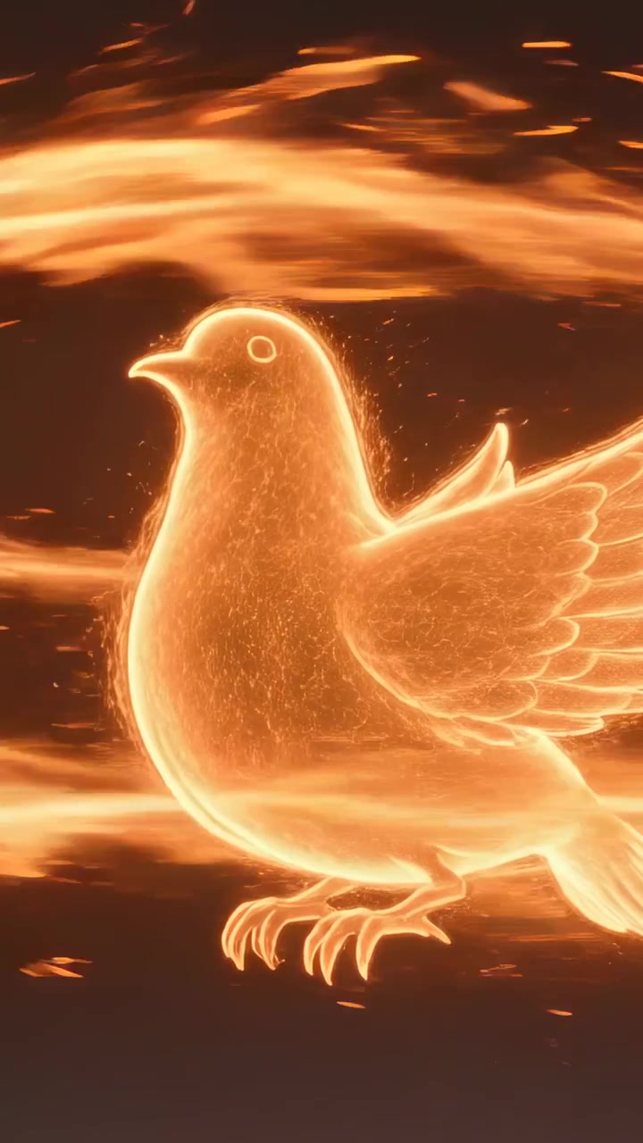 Video verticale: Uccello luminoso che sbatte le ali e volteggia nel vuoto mentre un anello di fuoco passa oltre la linea mediana, con braci.
