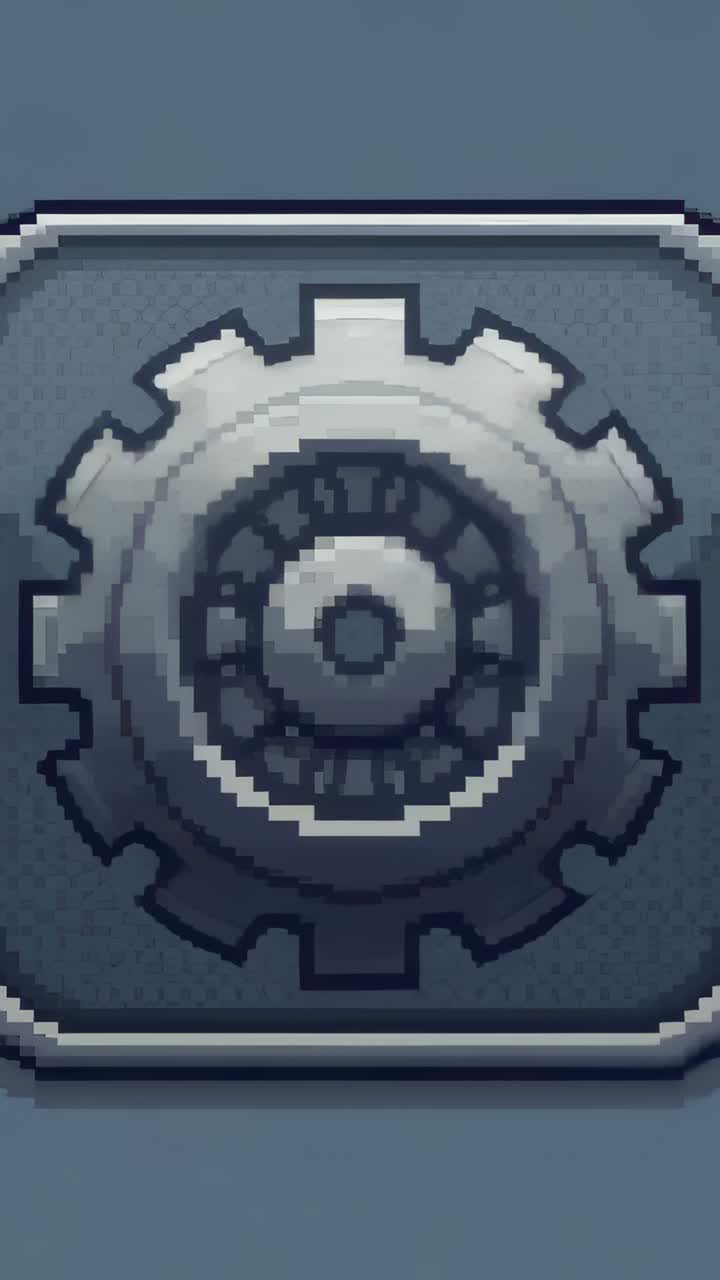 Vertical video: Looping pixel gear rotating slightly, signaling settings on blue UI, beveled button