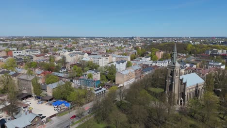 a stunning aerial drone view of riga panorama in latvia on a sunny spring day showcasing the rooftops of houses the vibrant city center and the historic buildings riga st. pauls lutheran church