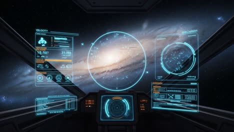 futuristic spacecraft cockpit with advanced display interface overlooking a distant spiral galaxy in stunning high-resolution imagery