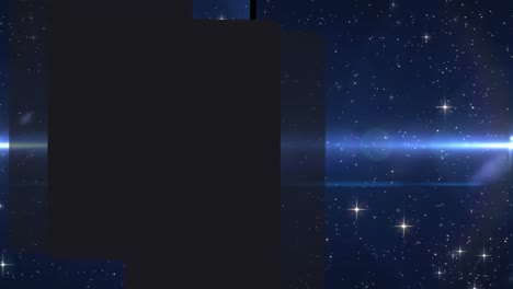 animation of split screen with moving spotlight with blue trail and glowing particles, on black