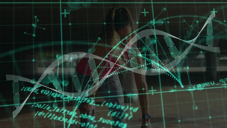 Woman holding phone and tuning device activating holo DNA helix crossing mirror for science study