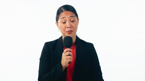 microphone, news and face of woman in studio