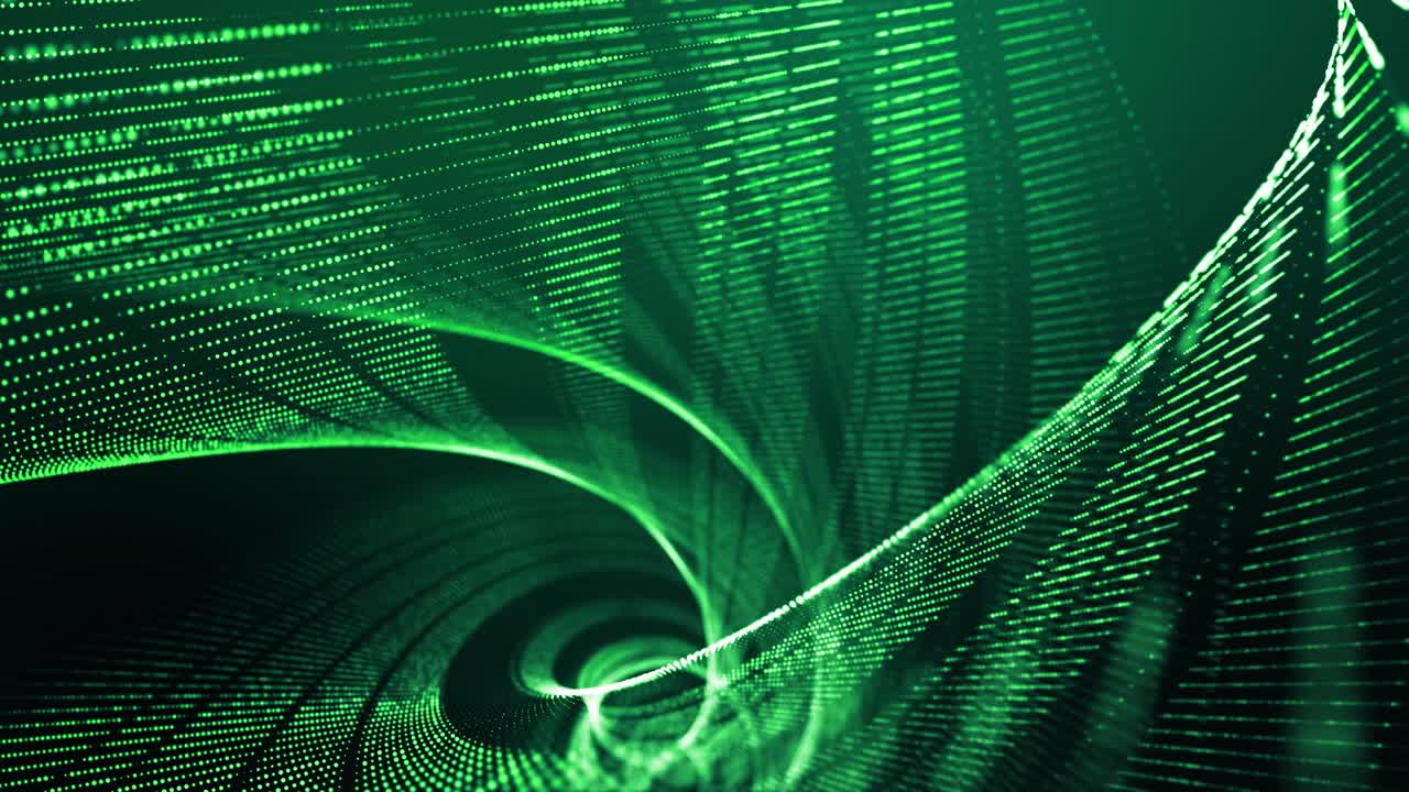 4k looped abstract green background of glow particles form lines, surfaces, spiral structures as futuristic landscape in cyberspace or hologram. Sci-fi theme with DOF, lighting effects and bokeh.