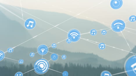 animación de la red de conexiones con iconos sobre el paisaje