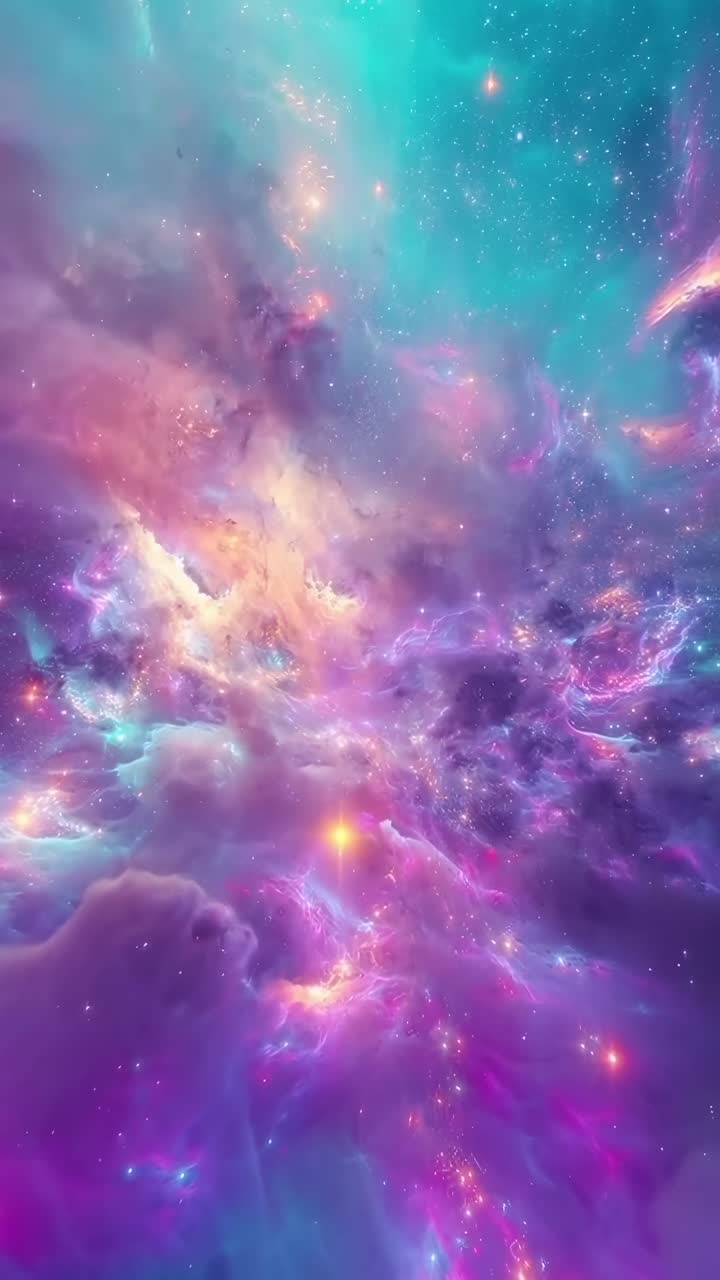 A mesmerizing cosmic nebula in vibrant colors, captured from a top-down angle, ideal for video