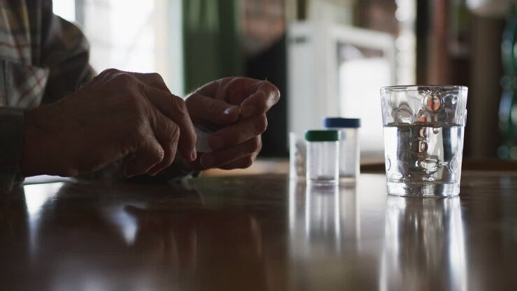 Senior man taking medical drugs at home