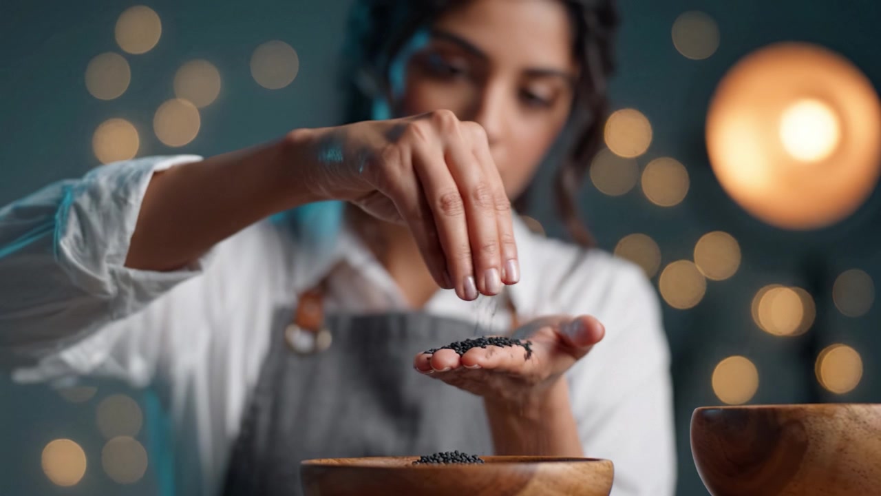 A Focused Individual Skillfully Adding Ingredients to a Bowl in a Blurred Background with Soft Twinkling Lights Creating a Warm and Inviting Atmosphere