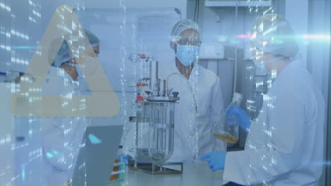 discussing research, scientists in lab coats using digital animation in laboratory