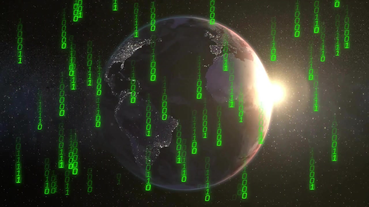Sun cresting behind Earth initiating green code cascading over rotating globe visualizing data flow