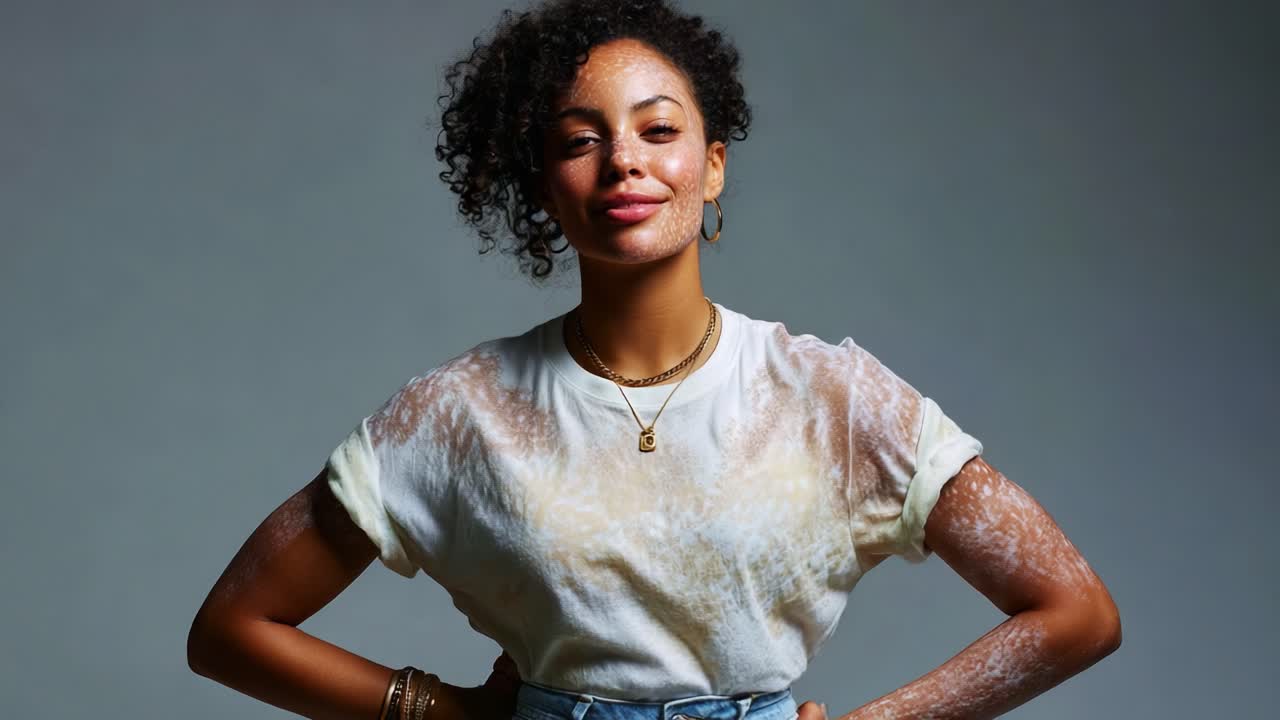Uma jovem confiante com textura de pele única posando graciosamente, valorizando sua beleza natural e individualidade com uma camiseta simples contra um plano de fundo simples