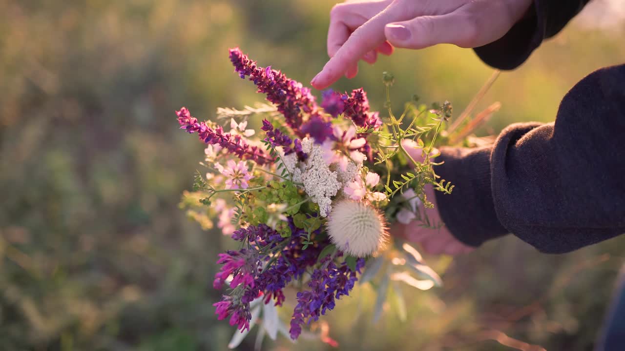 flores de campo en la mano de la mujer al atardecer o al amanecer