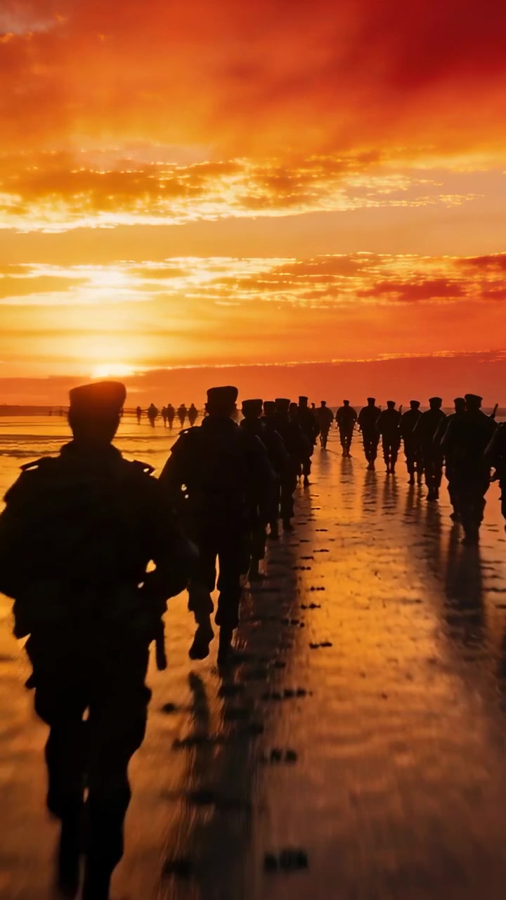 Vertical video: Marching soldier in uniform wearing helmet and pack across wet sand toward sunrise