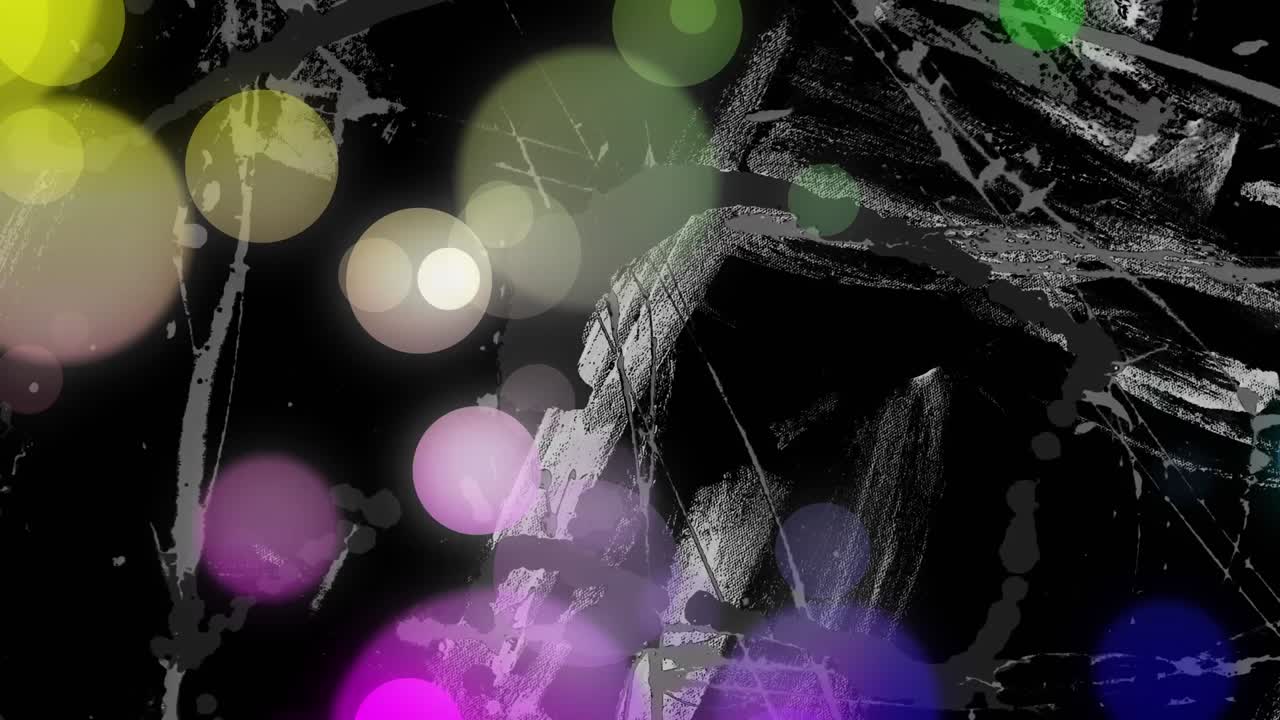 검은 바탕에 있는 다채로운 빛의 점 위에 움직이는 색 줄무의 애니메이션