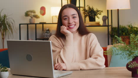 happy pretty woman smiling friendly glad expression feel satisfied concept good news celebrate win