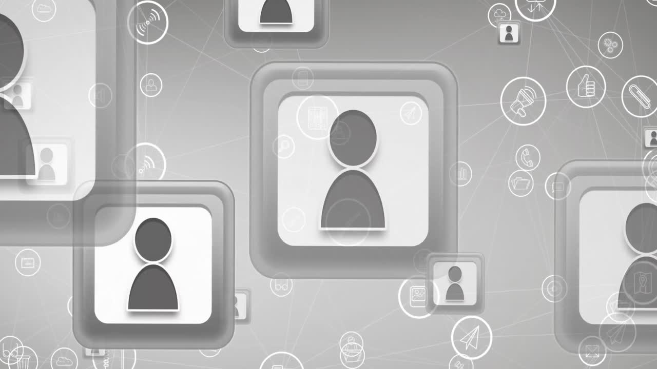 animación de la red de conexiones con iconos de medios en fondo gris