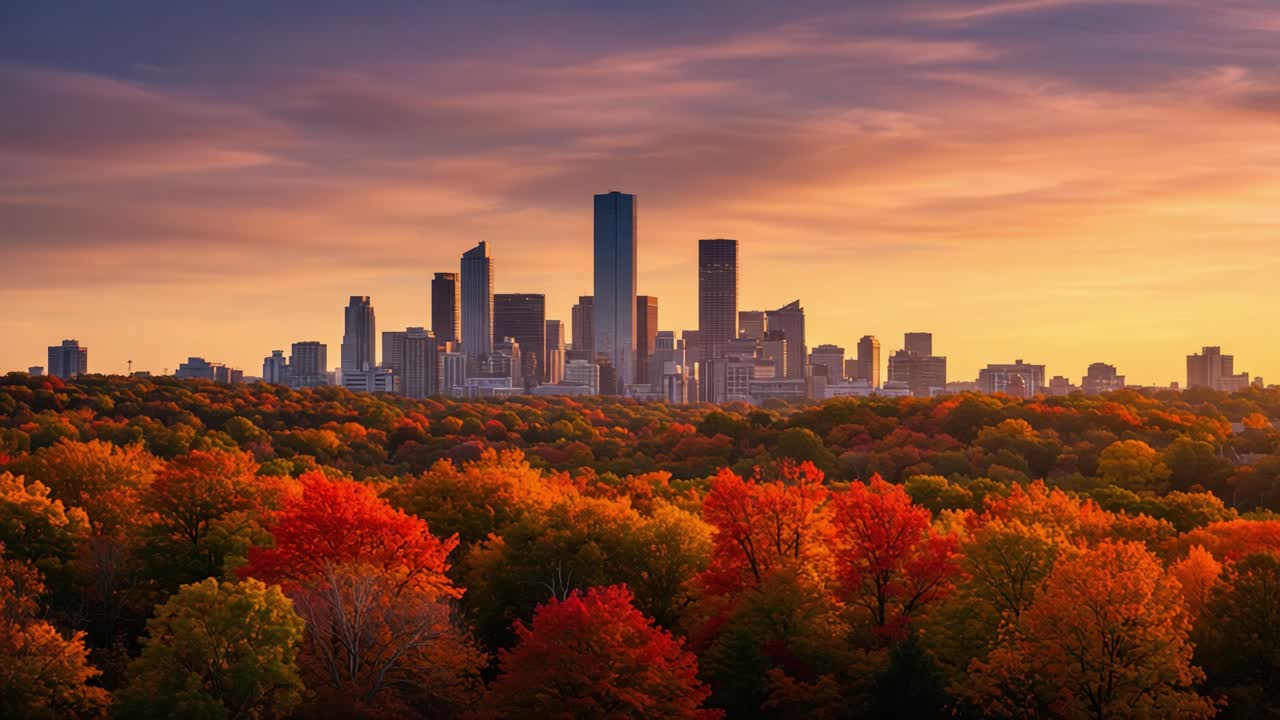 Breathtaking Urban Skyline at Sunset Surrounded by Vibrant Autumn Leaves, Showcasing the Beauty of Nature and Modern Architecture United in Harmony
