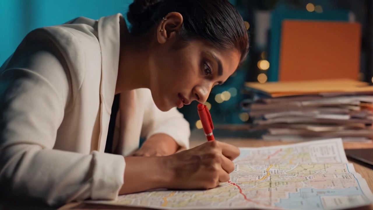 Profissional Focada Anotando um Mapa com uma Caneta Vermelha, Imersa em Pensamentos, Demonstrando Determinação e Engajamento com Seu Trabalho em um Ambiente Bem Iluminado e Vibrante