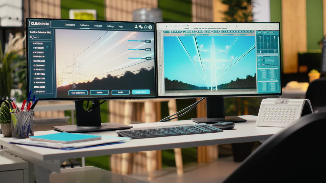 Power Line Tower Cad Design Displayed On Dual Monitors In Engineering Office