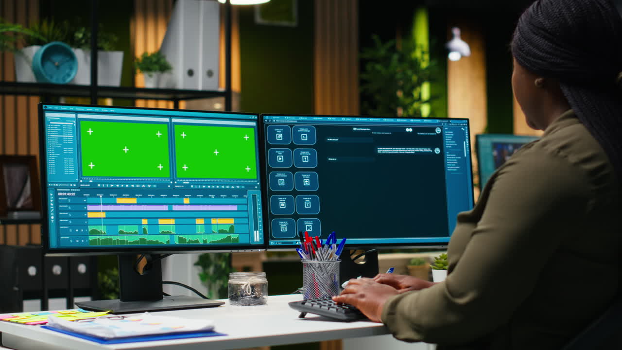 Green screen of black skilled female video editor working in creative office