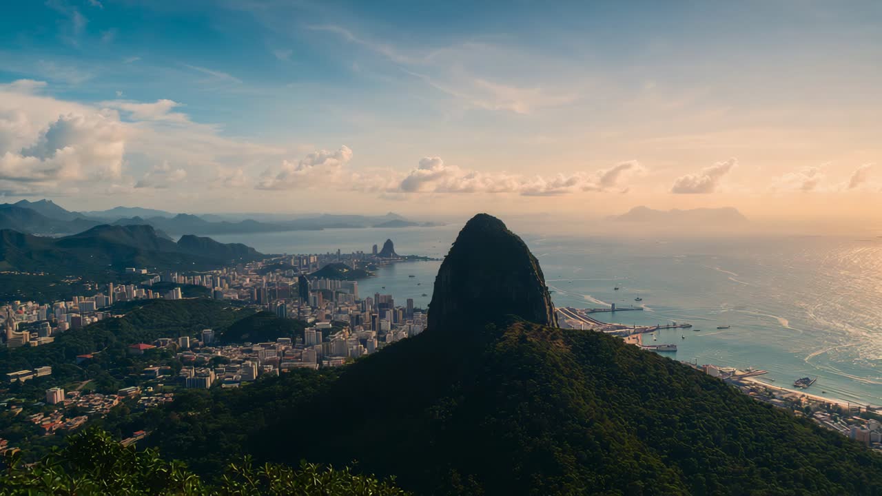 Câmera de drone se movendo em direção a um pico íngreme e arborizado sobre uma cidade costeira, com a luz do sol aquecendo o oceano