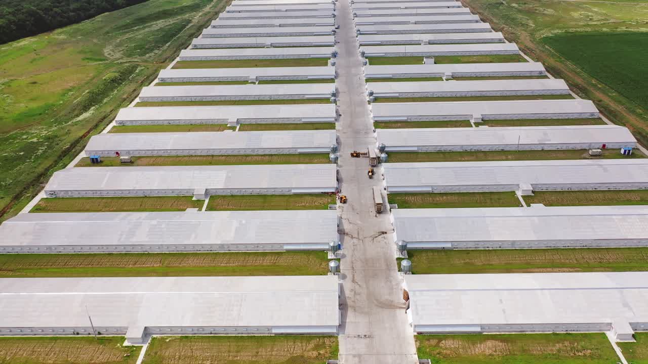 Drone view to modern farm houses in a sunny day. Aerial view of new buildings for farming situated in two lines outdoors. Camera moves back.