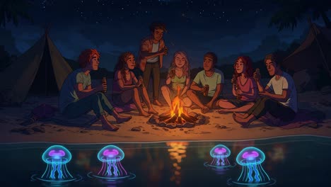 under a twinkling sky: a group of friends gather by the campfire, sharing laughter and stories while bioluminescent jellyfish light up the water